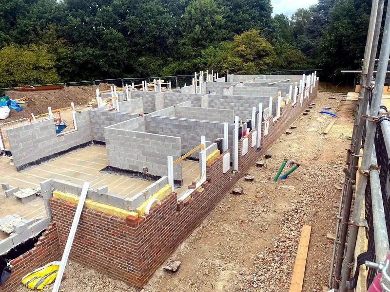 Wide blockwork foundation footprint on a new development plot